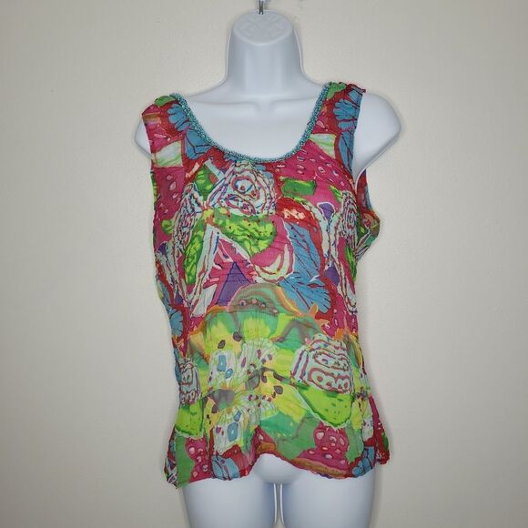 Bright grunge beaded neckline rave boho quirky maximalist party semi-sheer top - Picture 1 of 6